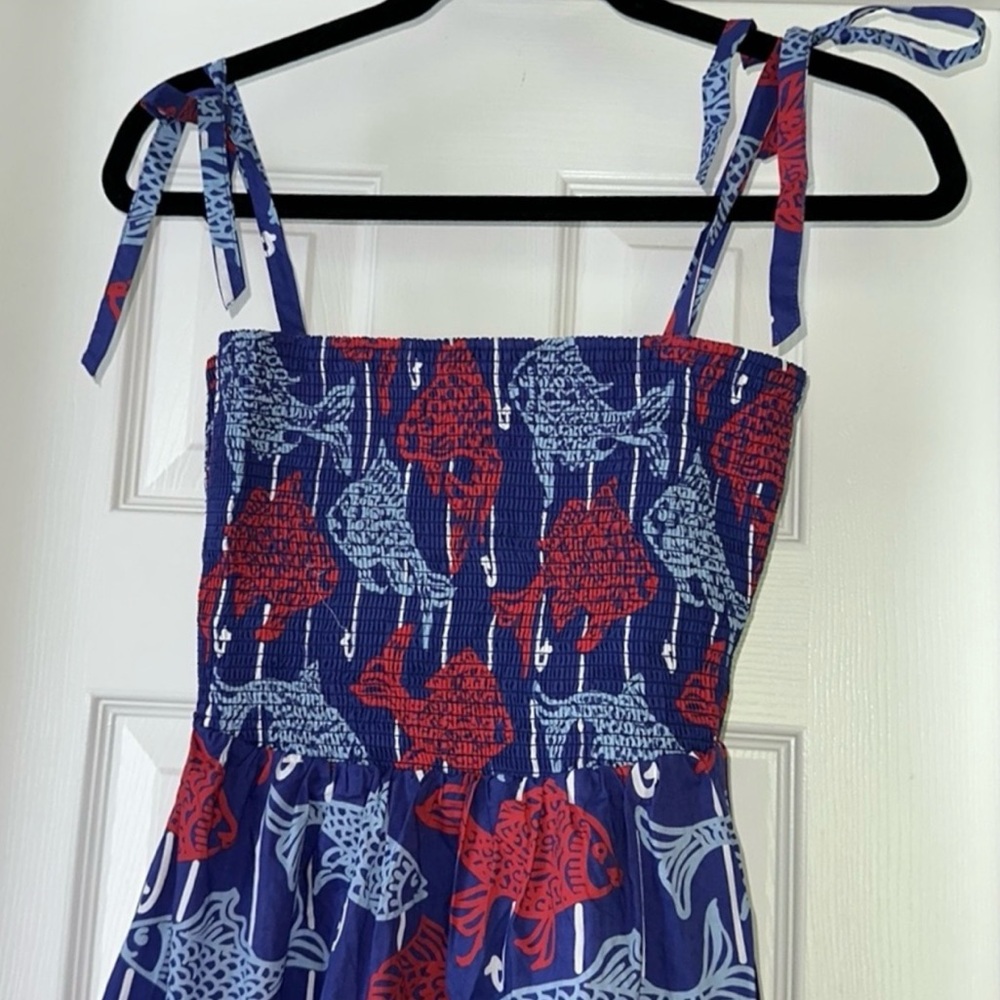 🆕 Classic Prep Hadley Mid-Dress. Fish Print. Smock Top with Tie Straps. Cotton - Picture 3 of 10
